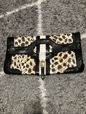 LAMB Black and Cream Animal Print Clutch